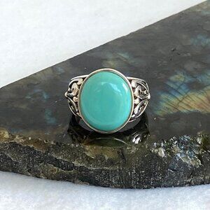 Sterling Silver 925 FAS Oval Large Faux Turquoise Scrollwork Band Ring Sz 7.75